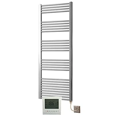 Image of Greened House Electric Chrome 500W x 1600H Flat Towel Rail + Timer and Room Thermostat New Bathroom Rails