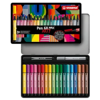 Image of Premium Fibre Tip Pen with Chisel STABILO 68 MAX ARTY Tin of 20 Assorted Colours