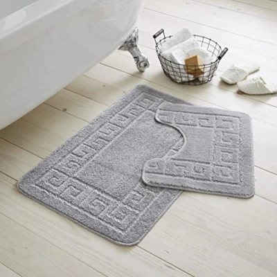 Image of GC GAVENO CAVAILIA Greek Key Pattern Bath Mats 2 Piece Sets Non Slip, Soft Washable Rug Quick Dry Water Absorbent Bathroom Shower Mat &amp; Pedestal Set, Silver