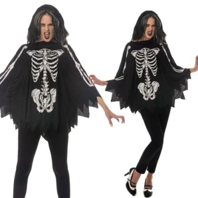 Image of Vampire Bat Costume Skeleton Halloween Fancy Dress Poncho Cape Ladies Adult
