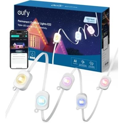 Image of eufy Permanent Outdoor Lights E22, 100ft with 60 Triple LED, Smart RGBWW Christmas Lights, Daily and Holiday, IP67 Waterproof, AI Lighting Themes for Decorations, Links Cameras