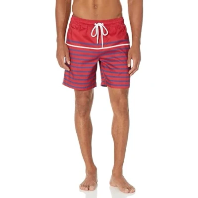 Image of Amazon Essentials Men&#039;s 7&quot; Quick Dry Swimming Trunks Discontinued Colours, Red Stripes, L