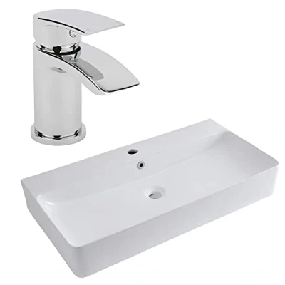 Image of Milano Farington White Ceramic Rectangular Countertop Bathroom Basin Sink Mono Mixer Tap 800mm x 415mm