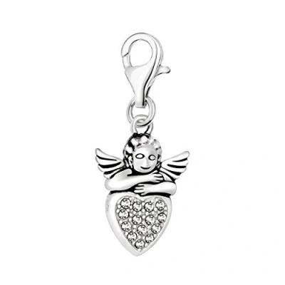 Image of Quiges 925 Sterling Silver White Cubic Zirconia 3D Cupid Angel Heart Lobster Clasp Charm Clip on Pendant