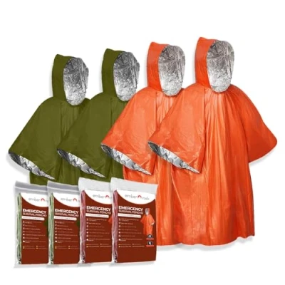 Image of Emergency Survival Rain Poncho 4 Pack Thermal Mylar Foil Blanket Reversible Waterproof Heat Retention Protection Bushcraft Outdoor Gear