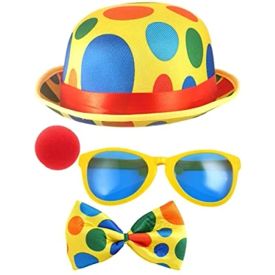 Image of Polka Dot Clown Bowler Hat Bow Tie Giant Glasses Red Nose Fancy Dress