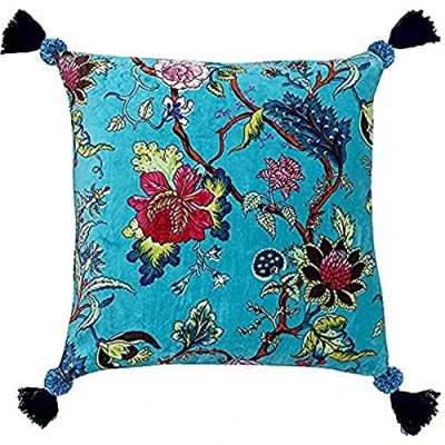 Image of Riva Paoletti Tree Of Life Polyester Filled Cushion Blue Floral Chinoiserie Print Pompom Tassel Corners Machine Washable 100 Case (20&quot; X 20&quot; Inches), Cotton, Kingfisher, 50 50cm