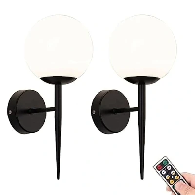 Image of KEFA Mid Centry Style Battery Operated Wall Light, Modern Wireless Gold White Globe Sconce, Not Hardwired Remote Light Lamp Fixtures for Bedroom, Bathroom Vanity, Living Room, Hallway, Stai