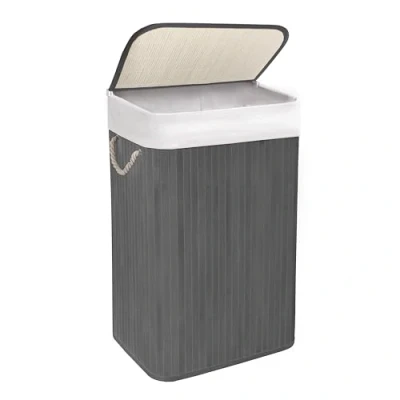 Image of KNIGHT Bamboo Laundry Basket, 72L Hamper with Removeable Washable Lining, Easy Assemble Folding Storage Bin 40x30x60 cms Grey