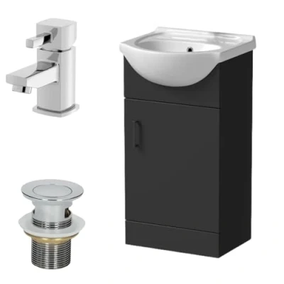 Image of Affine® 450mm Bathroom Vanity Unit Ceramic Sink Floorstanding Storage Cabinet Cupboard &amp; Misa Basin Tap Waste Set, Matt Black
