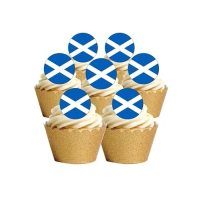 Image of 24 Precut Round Scotland Scottish FLAG Edible Wafer paper Cake Toppers Decorations