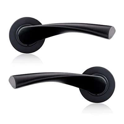 Image of XFORT Matt Black Warped Lever On Rose Door Handles, Twisted Latch Handle, Ideal for Internal Wooden Doors Home and Office (1 Pair)