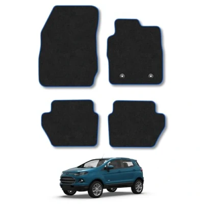 Image of Car Mats Compatible with withd Ecosport (2014+) Tailored Fit Blue Trimmed Carpet Floor Mat Set Accessory Black Custom Fitted 4 Pieces Clips Anti Slip Backing &amp; Trim Edging