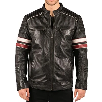 Image of TruClothing Men&#039;s Biker Jacket Outwear Windproof Winter Racing Real Leather Jackets Coat Stripe Black 4XL