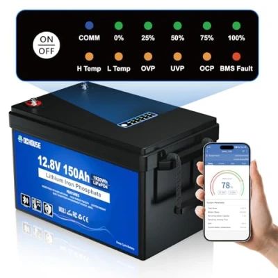 Image of DC HOUSE 12V 150Ah LiFePO4 Lithium Battery with SOC Status Indicators, Bluetooth &amp; Low Temp Cut off, Up to 15000 Cycles, 150A BMS Perfect for Trolling Motors, Marine, Boat, Solar