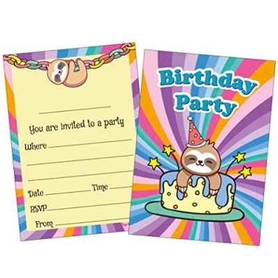 Image of (Pack of 40) Sloth Childrens Birthday Party Invitations Double Sided (NO ENVELOPES)