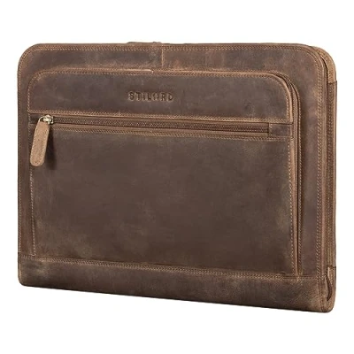 Image of STILORD &#039;Elton&#039; A4 Leather Conference Folder Vintage Portfolio for 13,3 inch MacBook Laptop Case Business Notepad Cover Briefcase Genuine Leather, Colour:Middle Brown