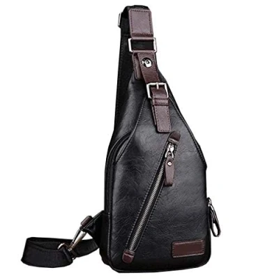 Image of Leather Sling Bag Crossbody Backpack Daypack for Men Women Outdoor Travel Camping Fishing Hunting Hiking Shoulder Chest Pack Black