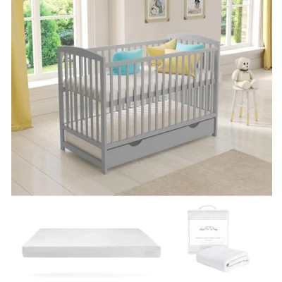 Image of Love For Sleep JACOB Wooden Baby Cot Bed 120x60cm with Large Drawer, Guard Barrier, Teething Rails &amp; Deluxe Aloe Vera Mattress (Grey)