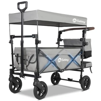 Image of Sekey Kids Folding Handcart Wagon with Removable Canopy, Versatile Foldable Transport Trolley for Family Outings Including Shockproof PU Wheels, 220LBS(100KG) Weight Capacity, Push Handle, Grey
