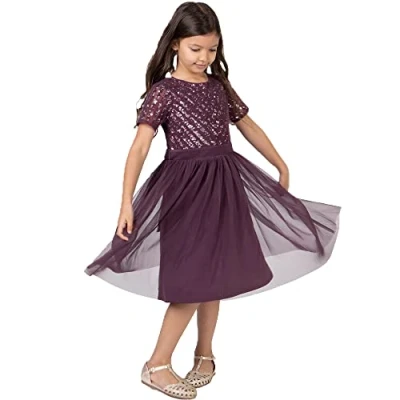 Image of Maya Deluxe Girl&#039;s Midi Dress for Wedding with Sequin Embellishment Short Sleeve Prom Birthday Party Bridesmaid, Berry, 9 10 Years