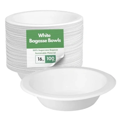 Image of CaterCo Bagasse Sugarcane 16oz / 370ml Bowls Strong, Disposable, Biodegradable, Compostable Eco Friendly White Paper Bowl for Soup, Salad, Dessert, Party, BBQ 100 Pack