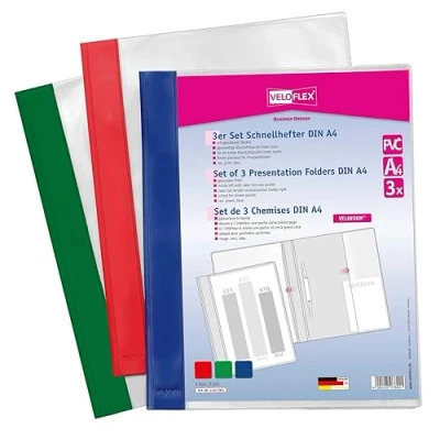 Image of VELOFLEX Veloform 4741003 File Folder, Pack of 3, DIN A4, PVC, Crystal Clear Front Cover, Suitable for Document Wallets, Green, Red, Blue