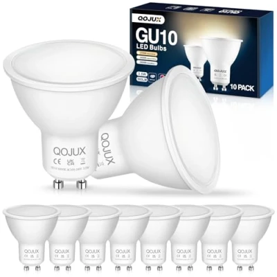 Image of QOJUX GU10 LED Bulbs, 3.5W Cool White 6000K,593lm Spotlight,High Energy Efficiency Class B Replaces 50W Halogen,Energy Saving Bulbs,120Beam Angle, Non Dimmable,10 Pack