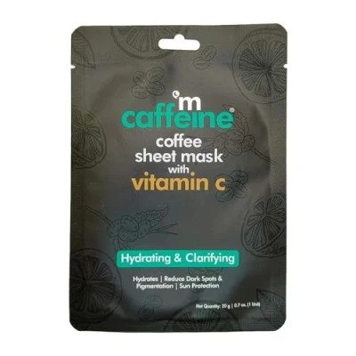 Image of mCaffeine Coffee Sheet Mask with Vitamin C Hydrating Face Masks Hyaluronic Acid Sun Protection Dark Spot and Pigmentation Reduction 1 pc