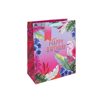 Image of Eurowrap Floral Cockatoos Pink Happy Birthday Gift Bag With Tag, Design By Jeff Banks 100% Recyclable Medium