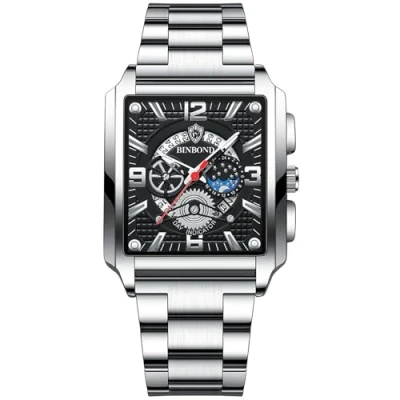 Image of JewelryWe Men Square Luminous Watches: Silver Black Business Date Waterproof Analogue Quartz Rectangular Hollow Out Dial Stainless Steel Tank Wristwatch