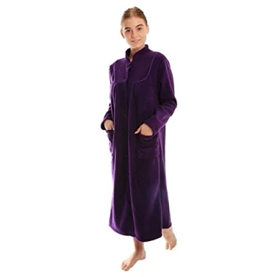 Image of Ladies Button Front Soft Fleece Dressing Gown[22/24,Damson]