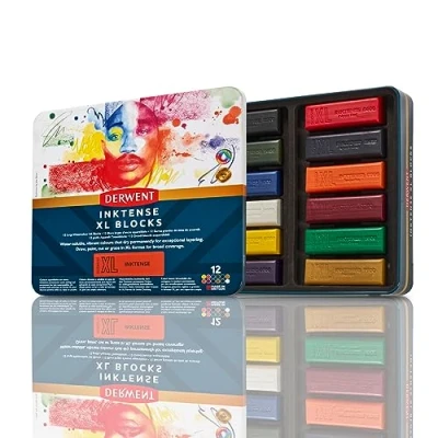 Image of Derwent Inktense XL Blocks 12 Tin, Set of 12, 60mm Extra Large Block, Water soluble, Ideal for Sketching, Drawing and Expressive Mark Making, Professional Quality, 2306162