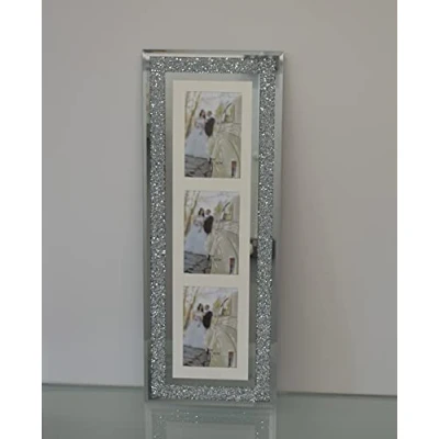 Image of Silver Diamante Crushed Crystal Photo Frame Multi Aperture Picture Vertical For 3 Photos 4x6 inch (63cmx24cm)