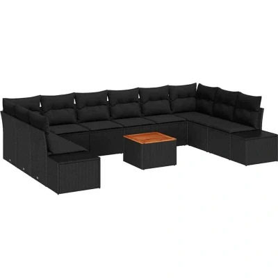 Image of vidaXL 11 Piece Garden Sofa Set with Cushions Black Poly Rattan Acacia