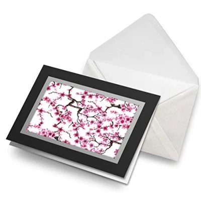 Image of Greeting Cards Black (Insert) Pretty Cherry Blossom Tree Pink Flower Blank Greetings Card Birthday Kids Party Boys Girls #8719