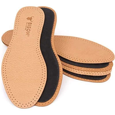 Image of BISON Leather Shoe Insoles Shoes 3 Pairs for Sweaty Feet and Foot Pain Genuine Insole Men Women, Beige, 40