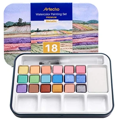 Image of Artecho Watercolour Paint Set,18 Metallic Colors, Watertbrush Pen Included, Lightweight and Portable,Watercolour Paints for Artists Beginners