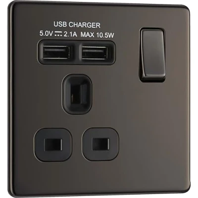 Image of BG Electrical fbn21u2b 2.1 A Masterplug Single Socket with 2 x USB, Brushed Nickel Black Insert