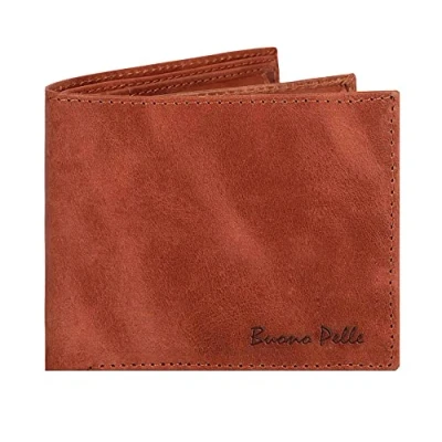 Image of Buono Pelle Wallets Mens Slim RFID Blocking Genuine Leather with Zip Coin Pocket, Banknote Compartments, Card Holders Pouch ID Window. Wallet for Men Gift Box (Distressed Tan)
