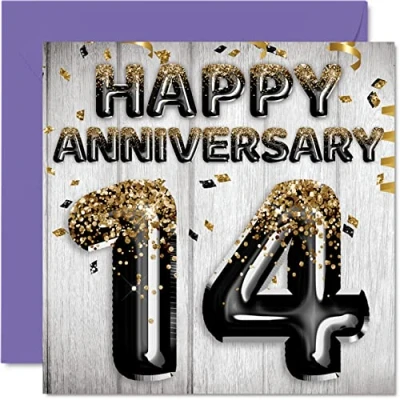 Image of Awesome Ivory Anniversary Card for Husband Boyfriend Wife Girlfriend Black Gold Glitter Balloons Happy 14th Cards from Family, 145mm x Greeting Fourteenth Anniversaries