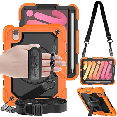 Image of TECHGEAR UTILITY Case for iPad Mini 7/6, 7th / 6th Generation 8.3&quot; 2024/2021, Tough Rugged HEAVY DUTY Armour Shockproof with 360 Rotating Stand, Hand and Shoulder Strap Orange