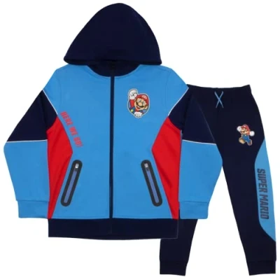 Image of Nintendo Super Mario Boys Zip Up Hoodie and Joggers 2 Pack, Here We Go Hooded Sweatshirt Active Sweatpants, Blue, 8