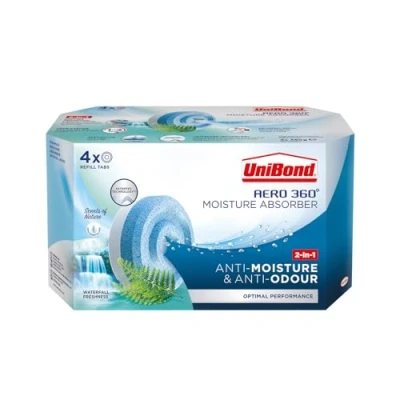 Image of UniBond AERO 360 Moisture Absorber Waterfall Freshness Refill Tab, Aromatherapy, Ultra Absorbent and Odour Neutralising, for Dehumidifier, Condensation Absorbers, Four Pack (4 x 450g)