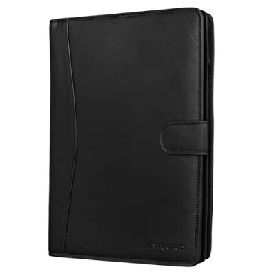 Image of STILORD &#039;Cohen&#039; Leather Portfolio Conference Folder A4 Business Map Organizer Padfolio for 12,2 Inch Tablet Writing Case with Zipper, Colour:Black