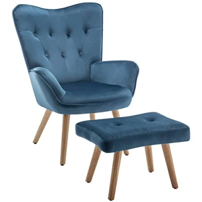 Image of HollyHOME Armchair with Footstool Living Room Chair, Velvet Reading Chair Bedroom Accent Lounge Leisure Relax Blue