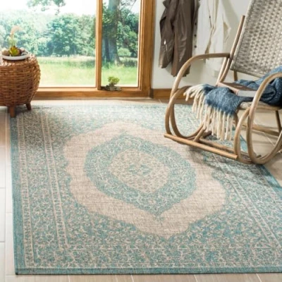 Image of SAFAVIEH Contemporary Rug for Indoor &amp; Outdoor Courtyard Collection, Short Pile, in Light Grey and Aqua color, 122 X 170 cm
