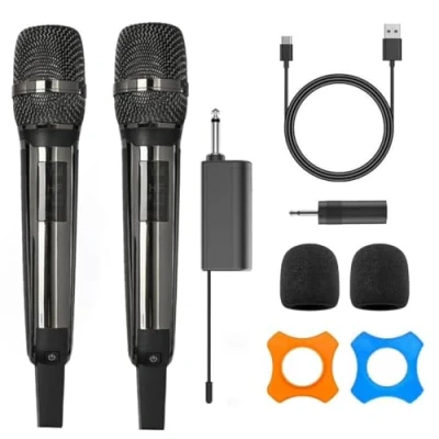 Image of HUACAM Professional Wireless Microphone Dual Metal Dynamic System with Rechargeable Receiver, for PA System, Karaoke, Meeting, Home KTV, Wedding, DJ, Party (plating)