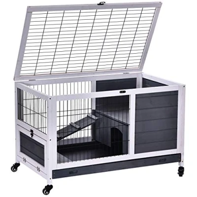 Image of PawHut Wooden Rabbit Hutch Guinea Pigs House Bunny Small Animal Cage Openable Roof Portable Indoor Enclosed Run 90 x 53 59 cm White