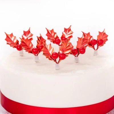 Image of Christmas Cake topper silver gold green red holly sprays Decorations yule log cupcake toppers pack of 6 (Red)
